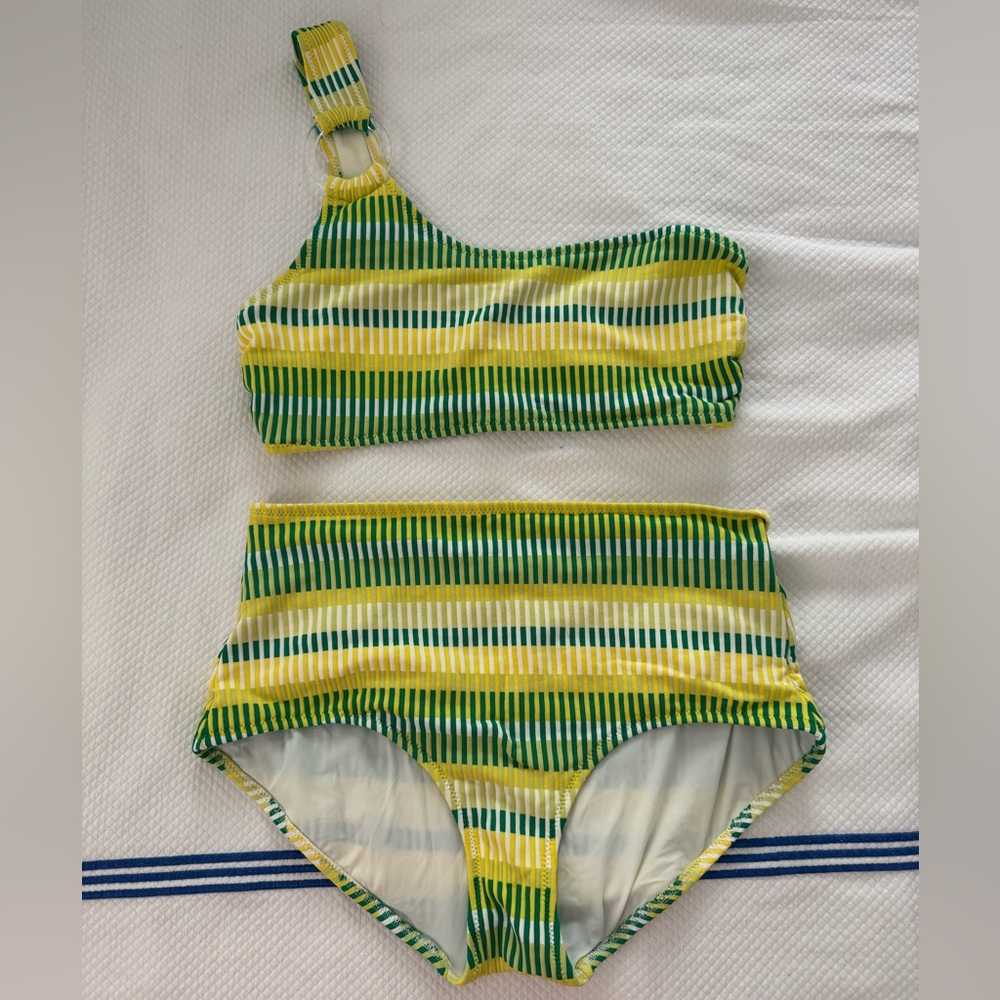 SOLID & STRIPED One Shoulder Bikini Set Green Yellow Stripe Size M